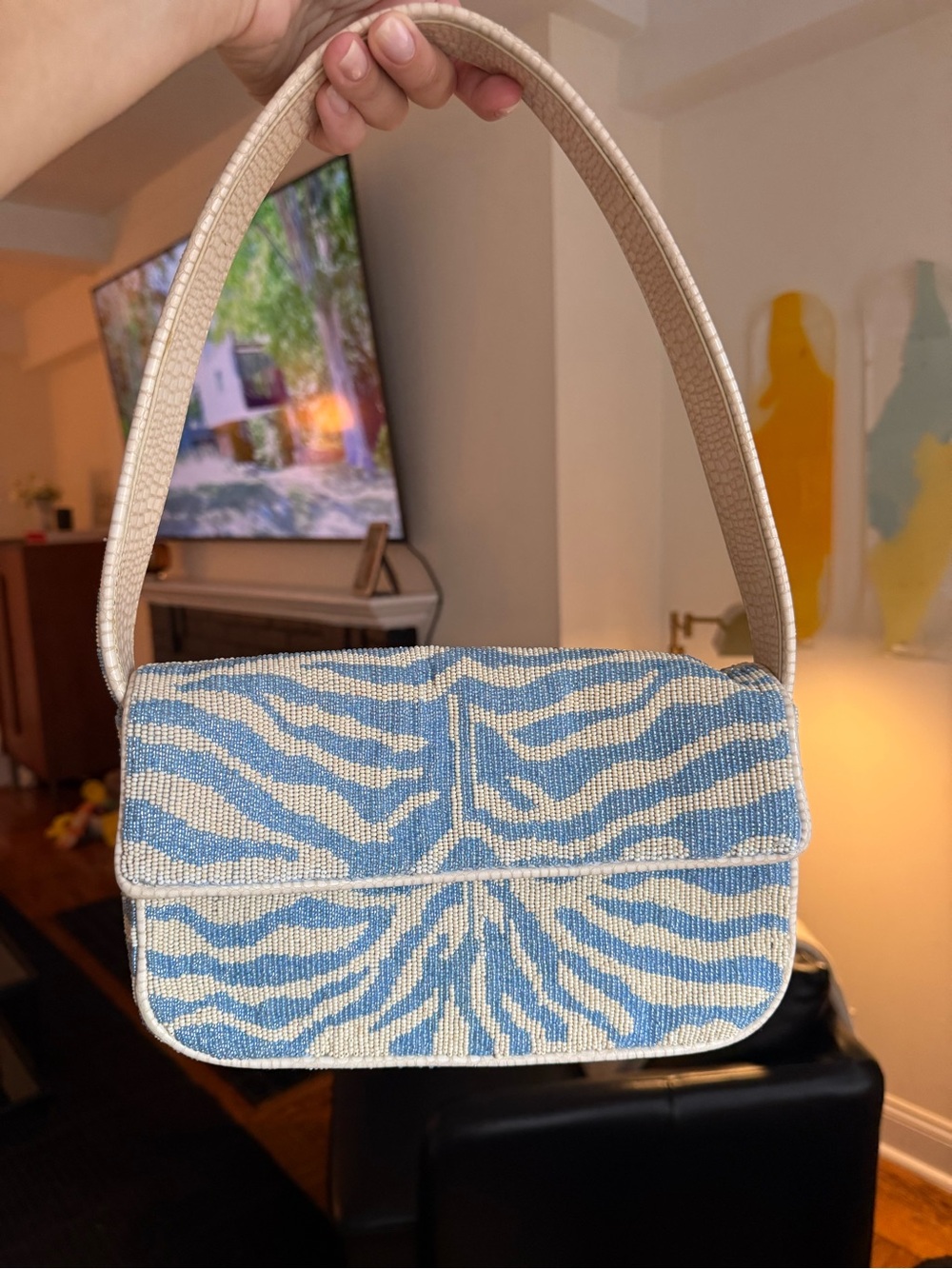 STAUD Blue and white Zebra-Print Shoulder Bag